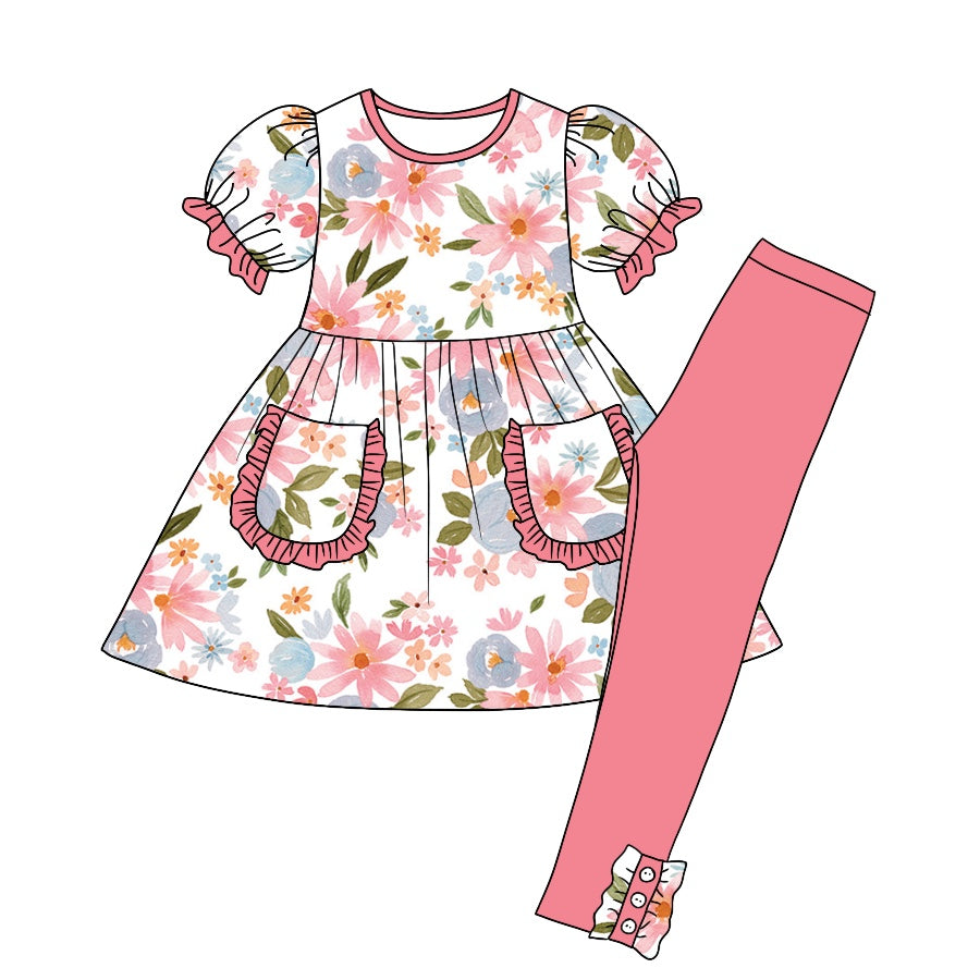 Baby Girls Pink Floral Pocket Tunic Legging Clothes Sets preorder(moq 5)