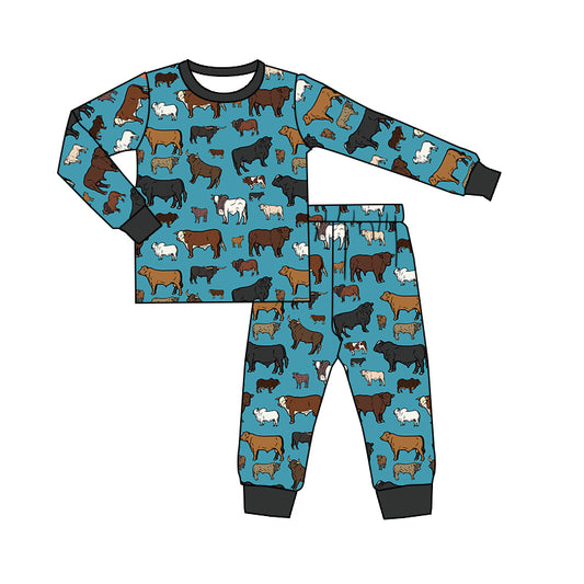 Baby Kids Blue Cows Spring Fall Pajamas Clothes Sets preorder(moq 5)