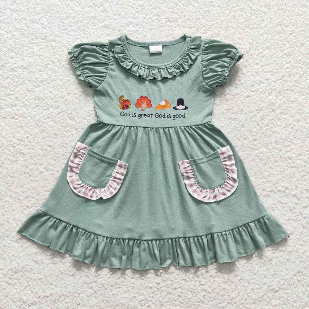 Baby Girls Green Thanksgiving Fall Turkey Knee Length Pockets Dresses