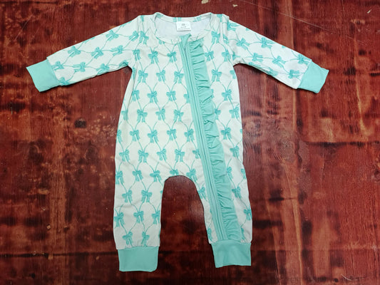 Baby Infant Girls Green Bows Ruffles Zip Rompers Preorder(moq 5)