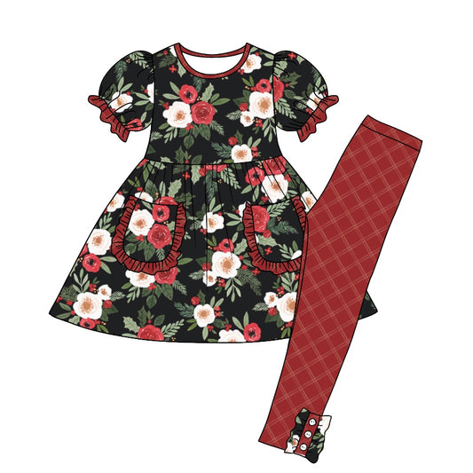 Baby Girls Black Red Floral Pocket Tunic Legging Clothes Sets preorder(moq 5)