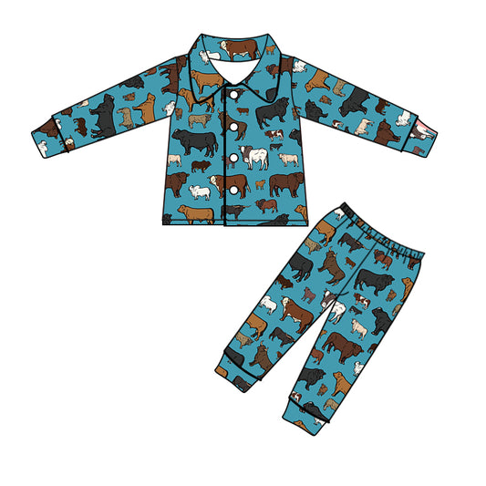 Baby Kids Blue Cows Button Ups Spring Fall Pajamas Clothes Sets preorder(moq 5)