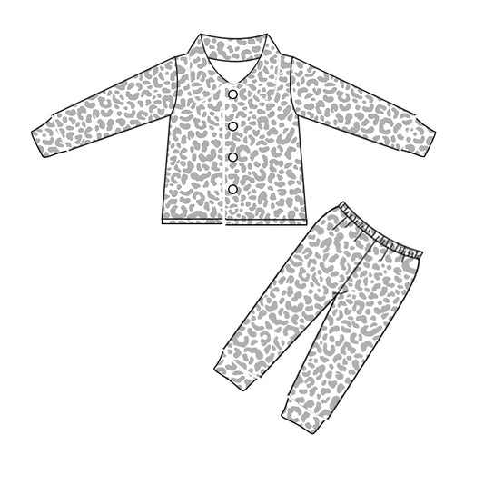 Baby Kids Grey Leopard Button Ups Spring Fall Pajamas Clothes Sets preorder(moq 5)