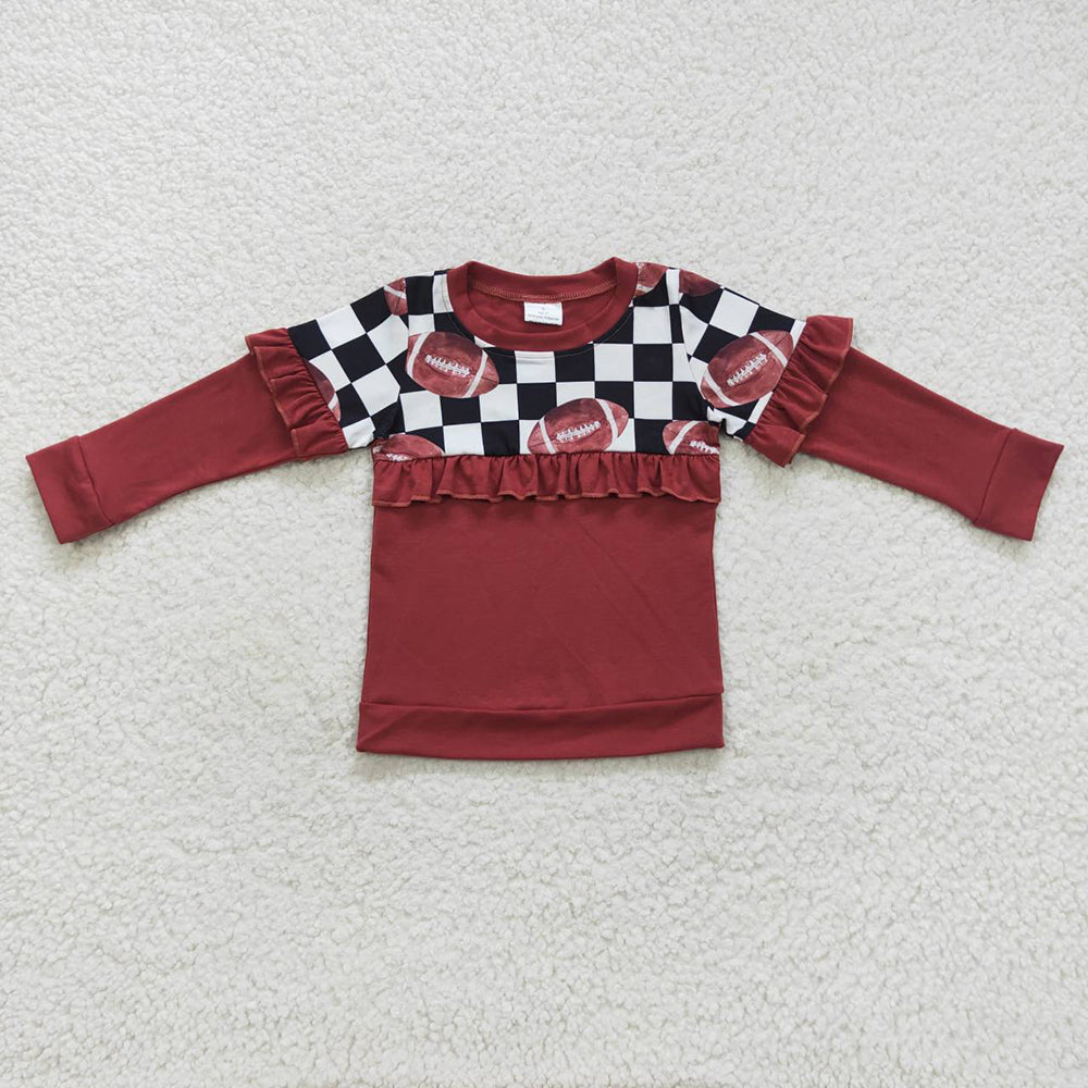 Baby Girls Football Black Checkered Long Sleeve Ruffle Tee Shirt Tops