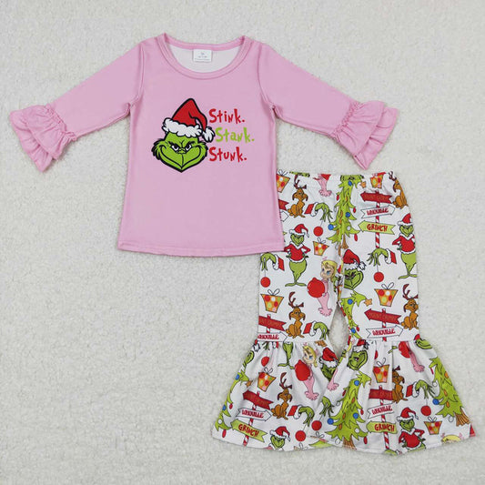 Baby Girls Pink Christmas Frog Ruffle Top Bell Bottom Pants Clothing Sets