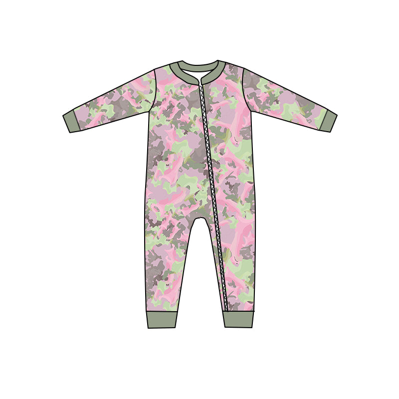 Baby Girls Pink Camo Zip Long Sleeve Rompers preorder(moq 5)