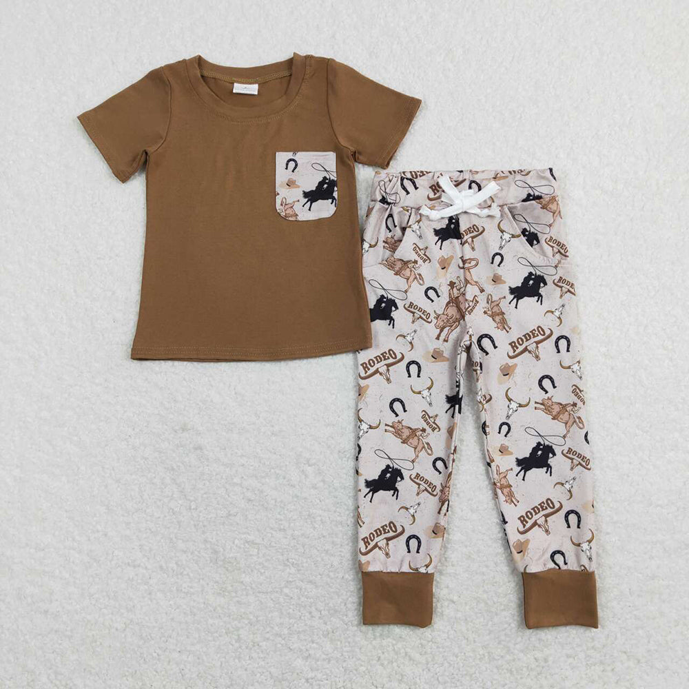 Baby Boys Brown Pocket Tee Shirts Western Rodeo Pants Clothes Sets