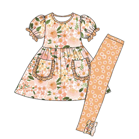 Baby Girls Orange Floral Pocket Tunic Legging Clothes Sets preorder(moq 5)