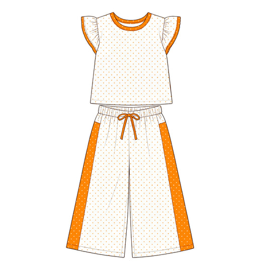 Preorder (moq 5)Baby Girls Flutter Sleeve Orange White Polka Dots Top Flare Pant Clothes Sets