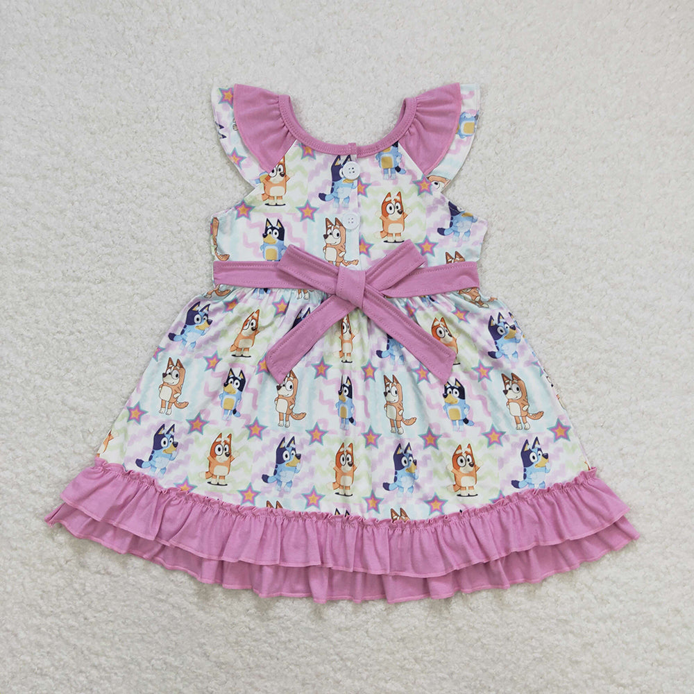 Baby Girls Colorful Dogs Belt Ruffle Knee Length Dresses