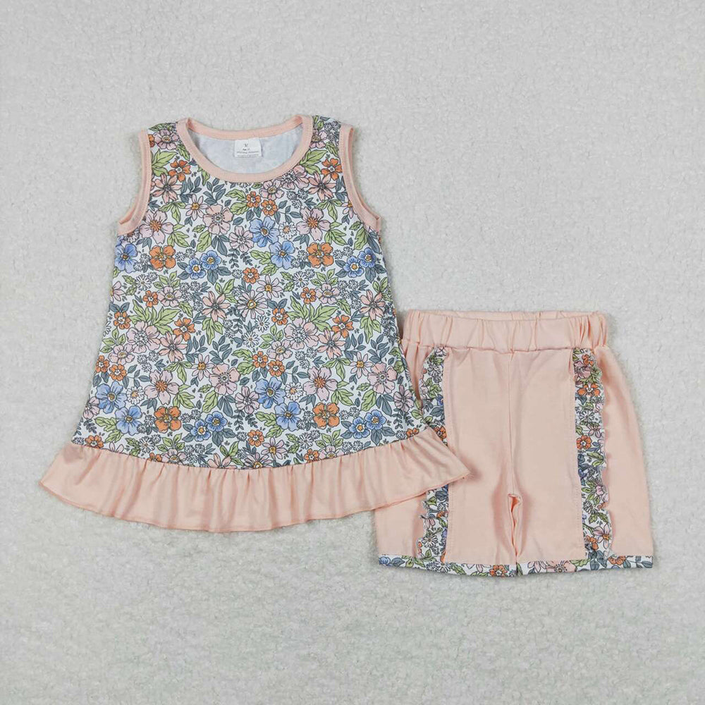 Baby Girls Pink Flowers Tunic Top Ruffle Shorts Clothes Sets