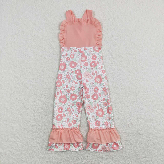 Baby Girls Pink Flowers Straps Ruffle Pants Jumpsuits