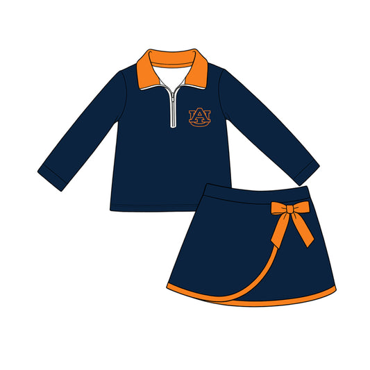 Preorder (moq 5) Baby Girls Auburn Zip Pullover Bow Skirt Short Team Clothes Set