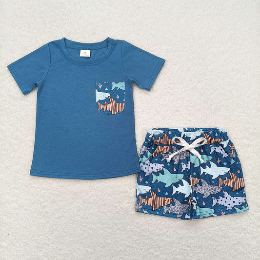 Baby Boys Blue Pocket Tee Shirts Tops Fish Shorts Clothes Sets