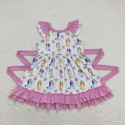 Baby Girls Colorful Dogs Belt Ruffle Knee Length Dresses