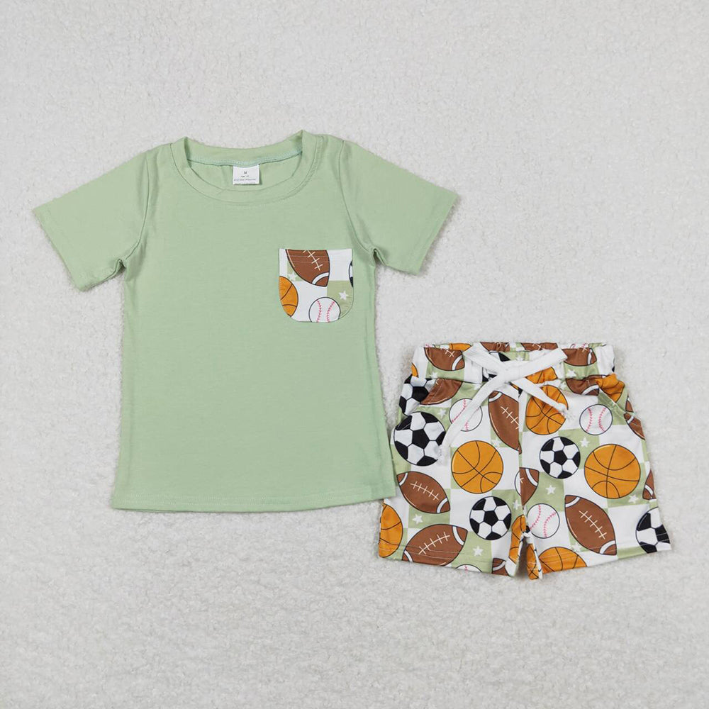 Baby Boys Green Pocket Short Sleeve Shirt Sports Balls Shorts Clothes Sets