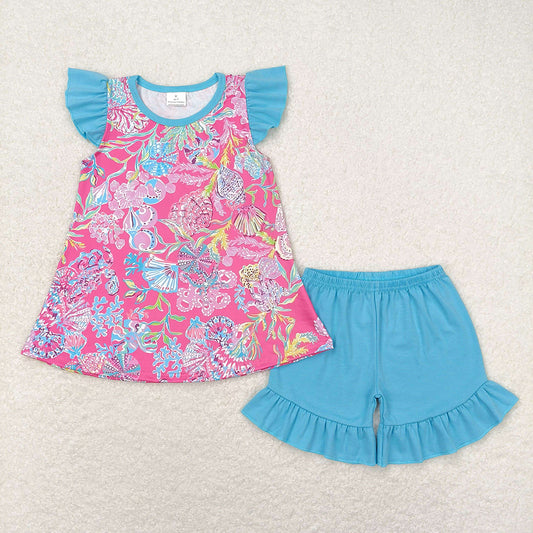 Baby Girls Sea Shells Pink Tunic Ruffle Shorts Clothes Sets
