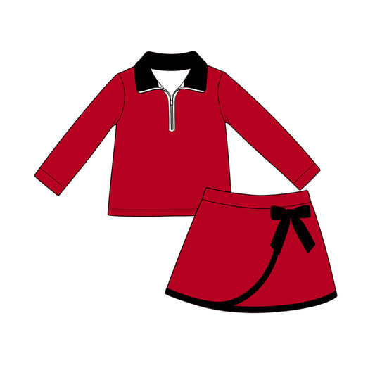Preorder (moq 5) Baby Girls Red Black Zip Pullover Bow Skirt Short Clothes Set