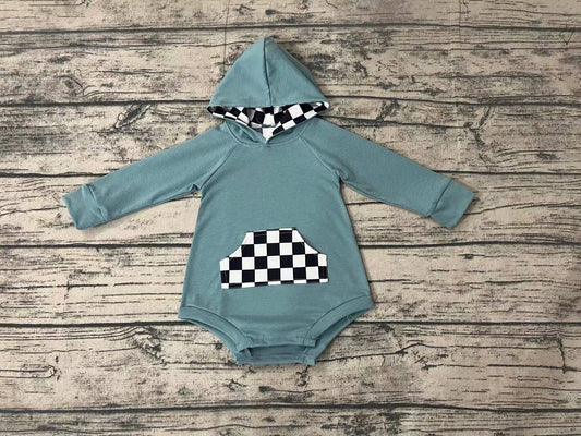 Baby Infant Blue Black Checkered Long Sleeve Hooded Rompers