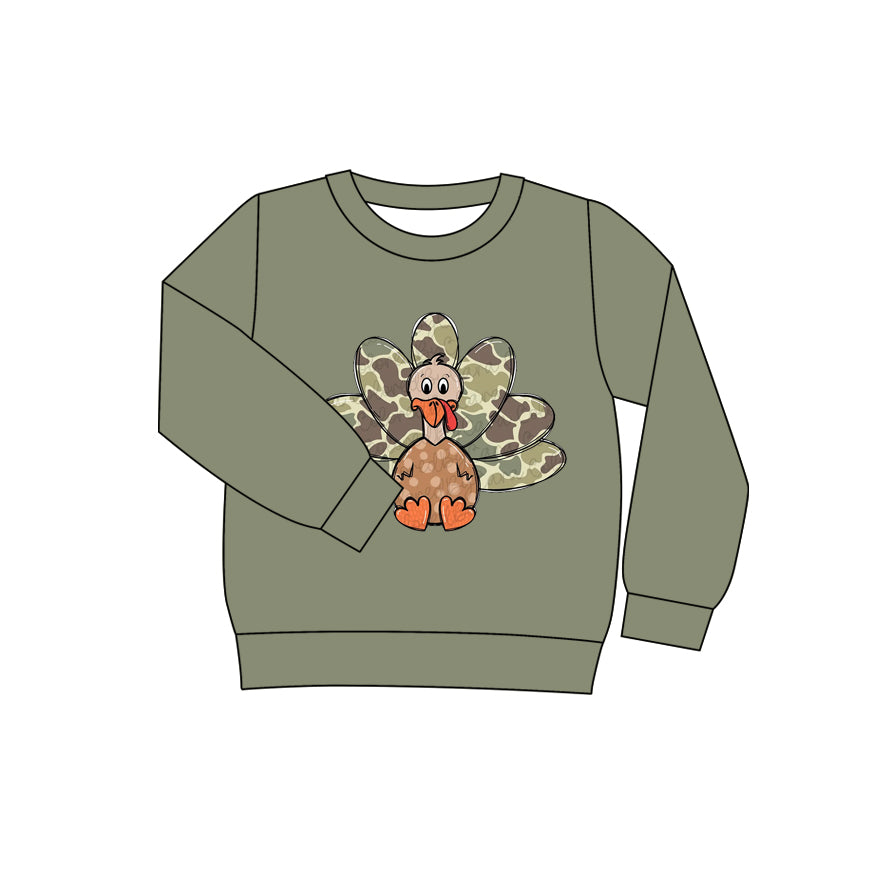 Preorder (moq 5)Baby Girls Long Sleeves Thanksgiving Green Camo Turkey Tee Shirts Tops