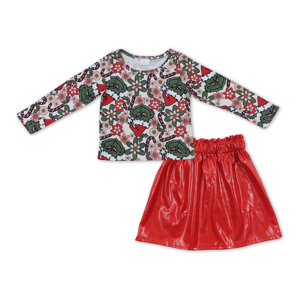 Baby Girls Christmas Green Frog Flowers Tee Shirts Red Skirt Clothes Sets