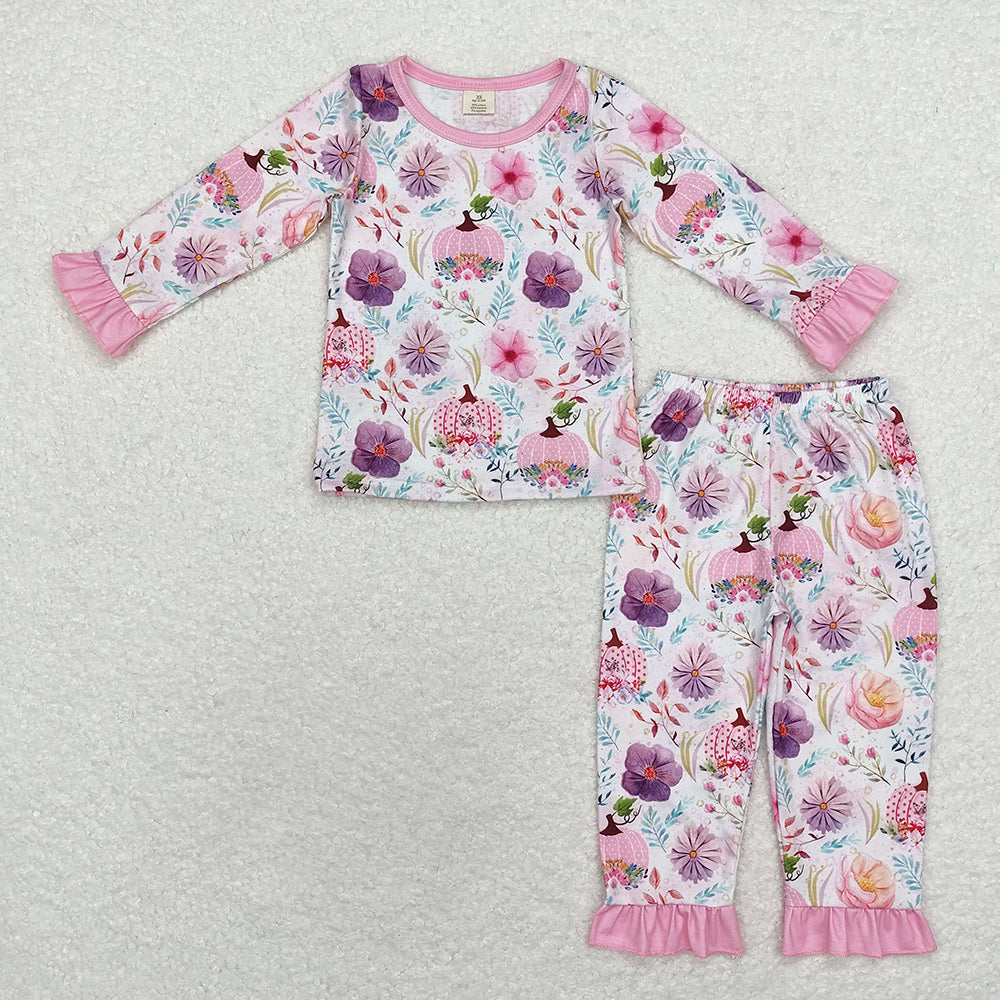 Baby Girls Pink Pumpkin Flowers Bamboo Pajamas Clothes Sets