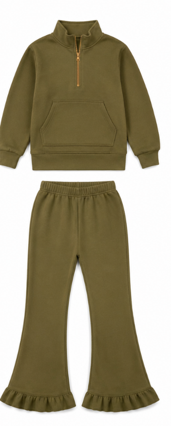 Preorder (moq 5)Baby Girls Green Zip Cotton Top Ruffle Bell Pants Outfits Sets