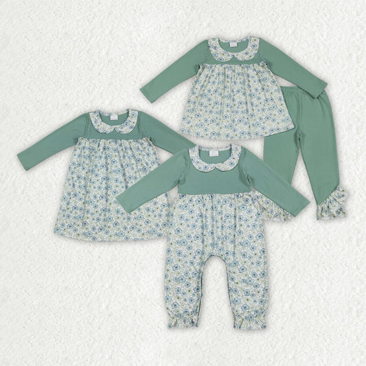Sibling Baby Girls Green Floral Rompers Dressses Outfits Sets