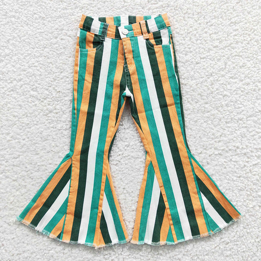 Baby Girls Green Mustard Stripes Denim Bell Pants