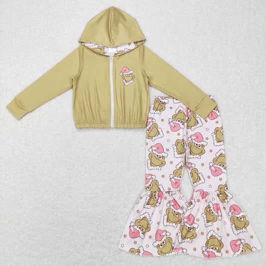 Baby Girls Christmas Frog Hooded Zip Tops Bell Pants Clothes Sets
