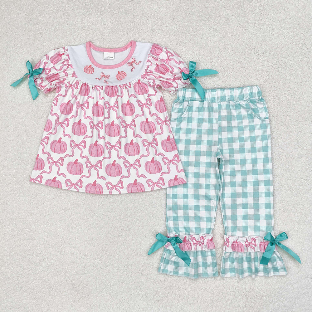 Baby Girls Pumpkin Bows Tunic Top Checkered Pants Clothes Sets