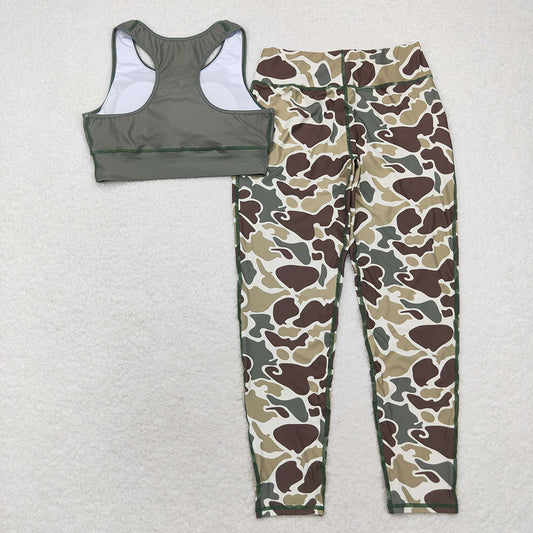 Adult Women Green Vest Top Camo Pants Yoga Sports Clothes Sets