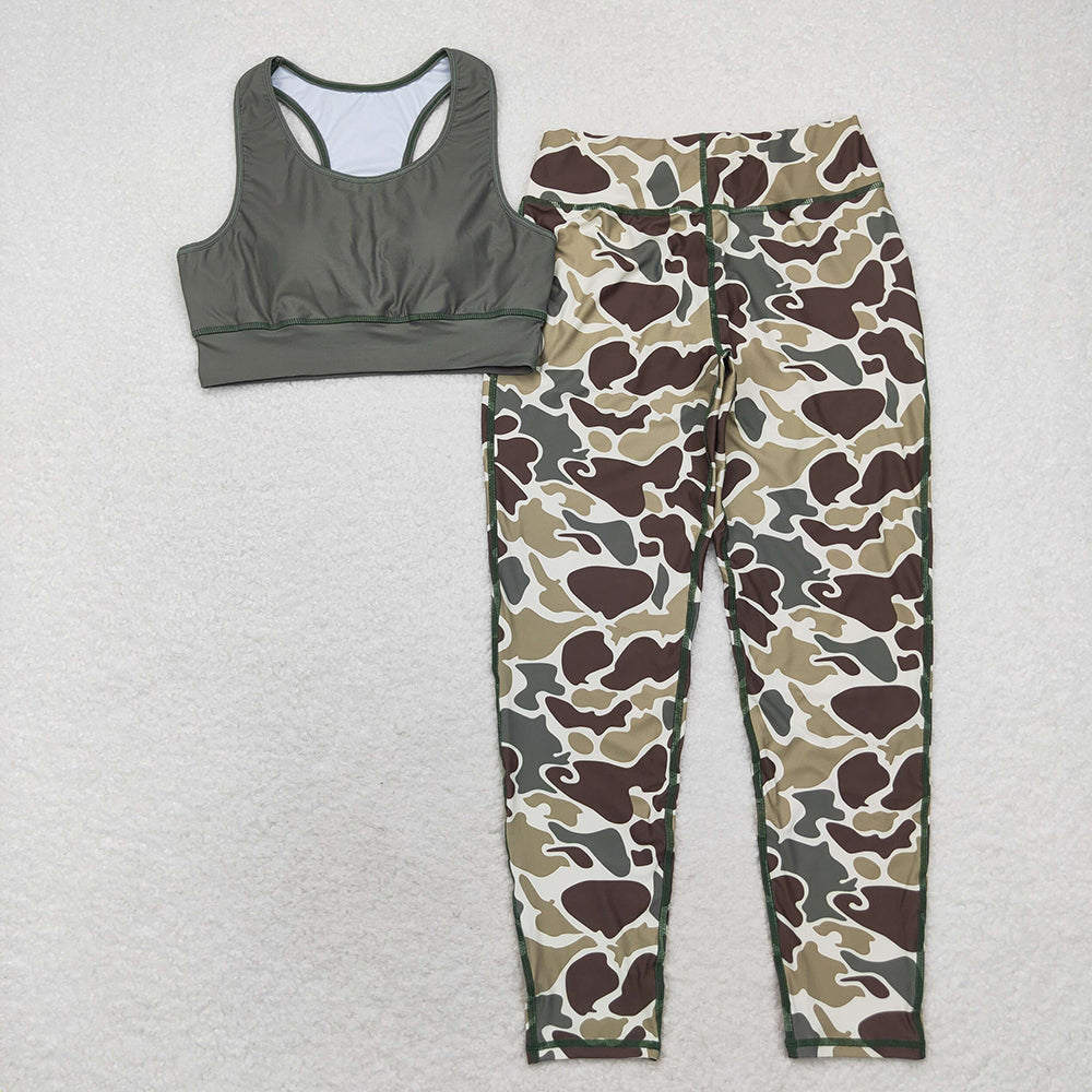 Adult Women Green Vest Top Camo Pants Yoga Sports Clothes Sets