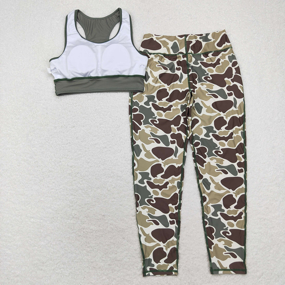 Adult Women Green Vest Top Camo Pants Yoga Sports Clothes Sets