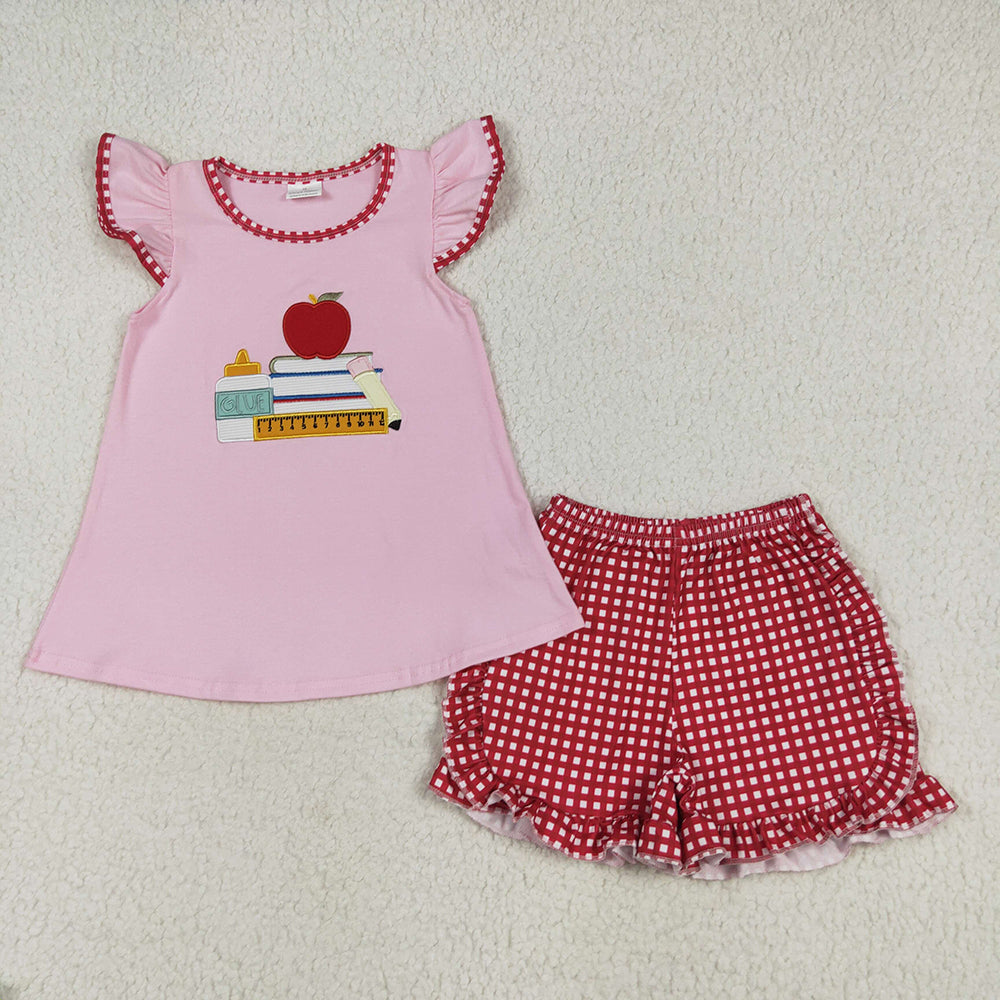 Embroidery Baby Girls Apple Back To School Books Tunic Ruffle Shorts Sets