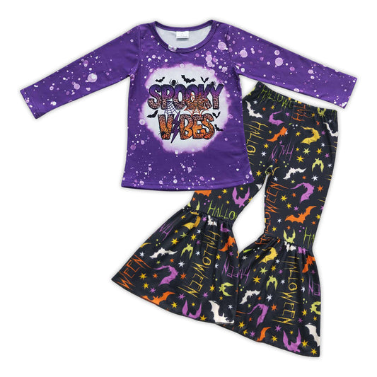 Baby Girls Purple Halloween Spooky Tee Shirt Bats Bell Pants Clothes Sets