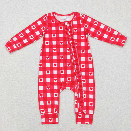 Baby Infant Girls Red Hearts Long Sleeve Zip Valentines Rompers