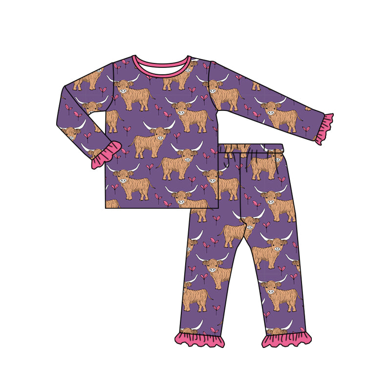 Baby Girls Purple Highland Cow Long Sleeve Top Jammies Pajamas Sets preorder(moq 5)