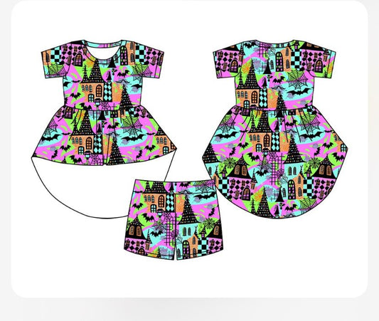Preorder moq 5 Baby Girls Halloween Castle Hi-low Top Shorts Sets