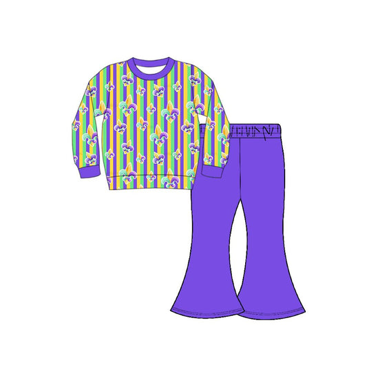 Preorder(moq 8)Baby Girls Mardigras Anchors Stripe Top Bell Bottom Pants Clothes Sets