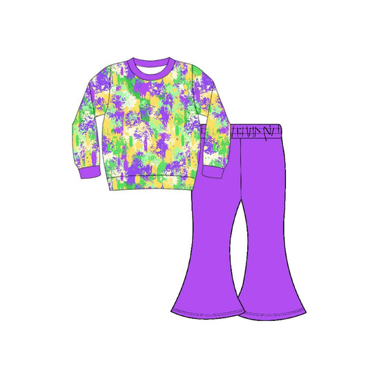 Preorder(moq 8)Baby Girls Mardigras Tie-dye Print Top Bell Bottom Pants Clothes Sets
