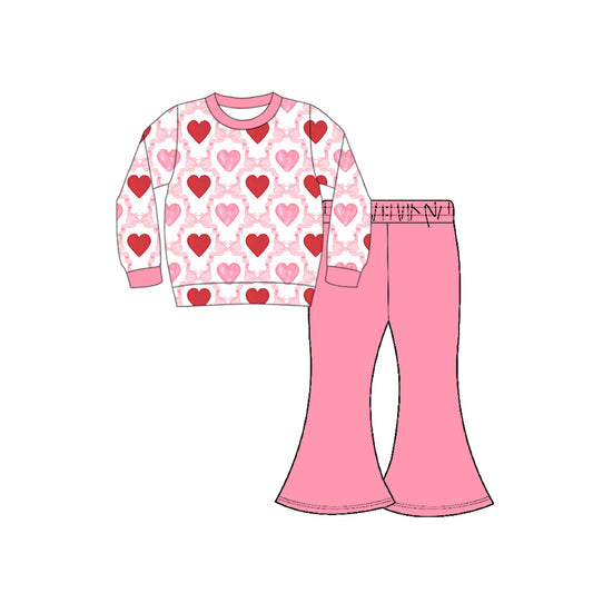 Preorder(moq 8)Baby Girls Pink Bows Hearts Checked Top Bell Bottom Pants Valentine Clothes Sets