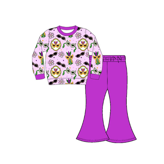 Preorder(moq 8)Baby Girls Mardigras Masks Glasses Top Bell Bottom Pants Clothes Sets