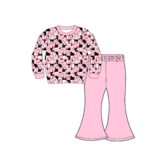 Preorder(moq 8)Baby Girls Pink Hearts Love Top Bell Bottom Pants Valentine Clothes Sets