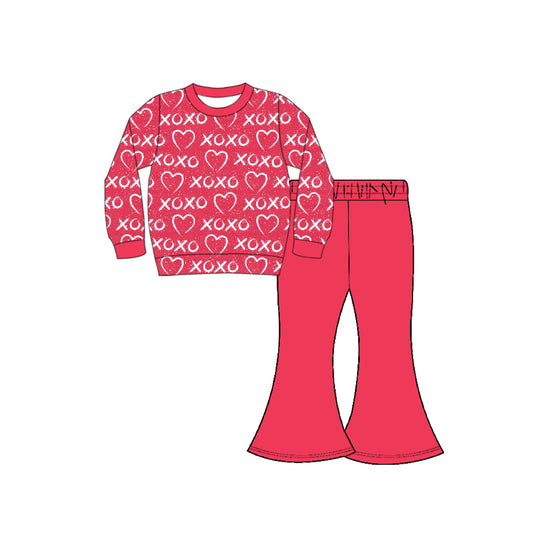 Preorder(moq 8)Baby Girls Red Hearts XOXO Top Bell Bottom Pants Valentine Clothes Sets
