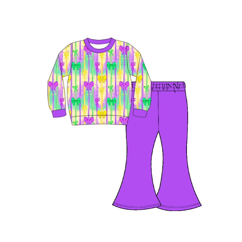 Preorder(moq 8)Baby Girls Mardigras Bows Stripe Top Bell Bottom Pants Clothes Sets