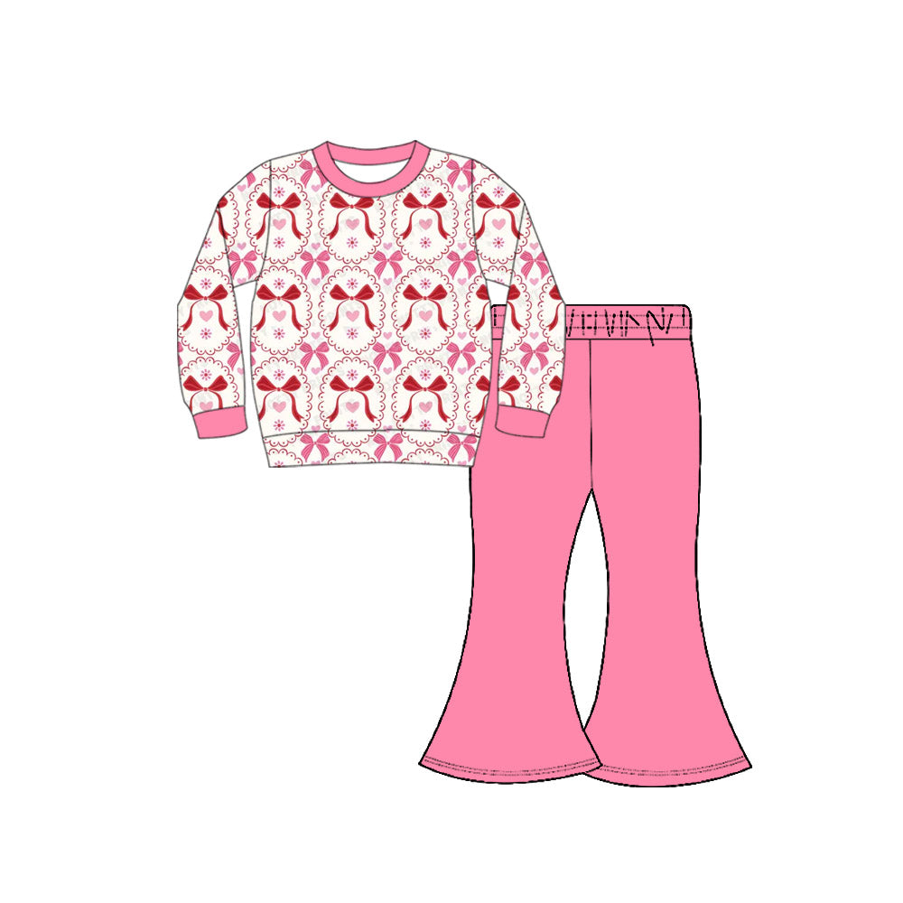 Preorder(moq 8)Baby Girls Bows Hearts Flowers Checked Top Bell Bottom Pants Valentine Clothes Sets