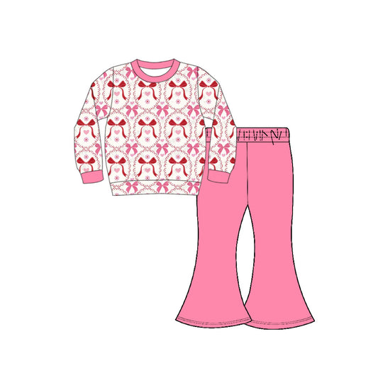 Preorder(moq 8)Baby Girls Bows Hearts Flowers Checked Top Bell Bottom Pants Valentine Clothes Sets
