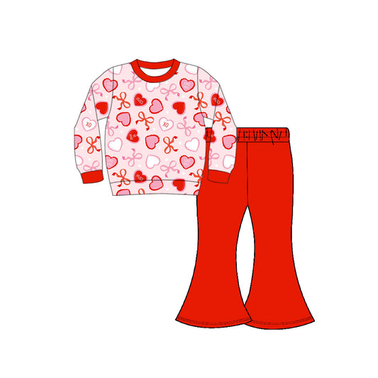 Preorder(moq 8)Baby Girls Bows Hearts Top Bell Bottom Pants Valentine Clothes Sets
