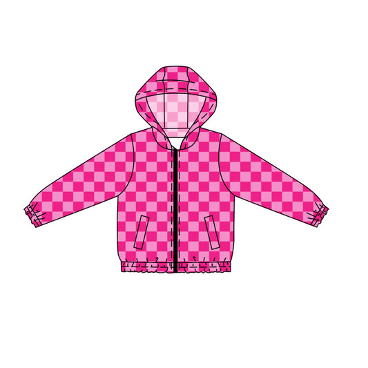 Preorder (moq 5)Baby Girls Pink Checkered Pockets Hooded Zip Jackets Tops